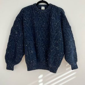 Navy Speckled Pure New Wool Chunky Bishop Sleeve Pull Over Sweater